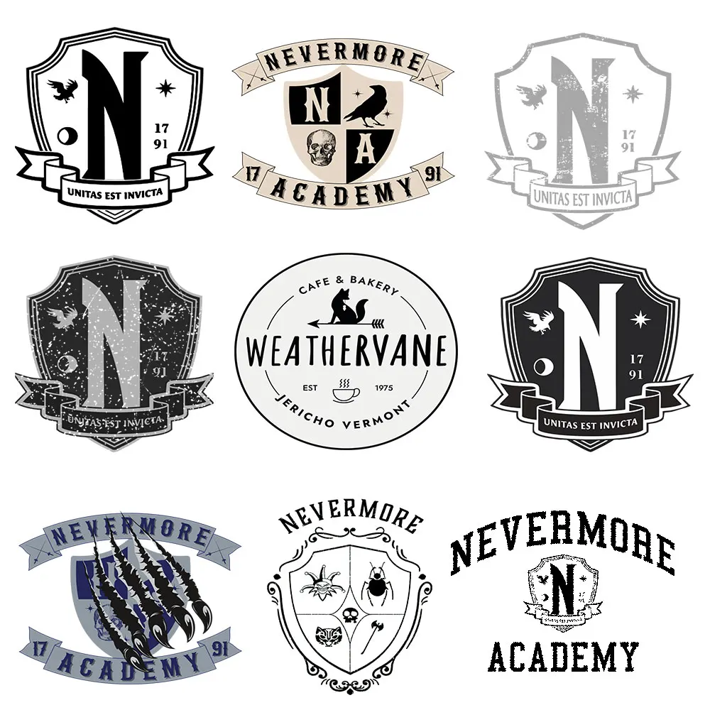 

Never More Academy Iron On Heat Transfers Wednesday Logo Letter Ironing Stickers patches On Clothes Applique T-shirt DIY decals