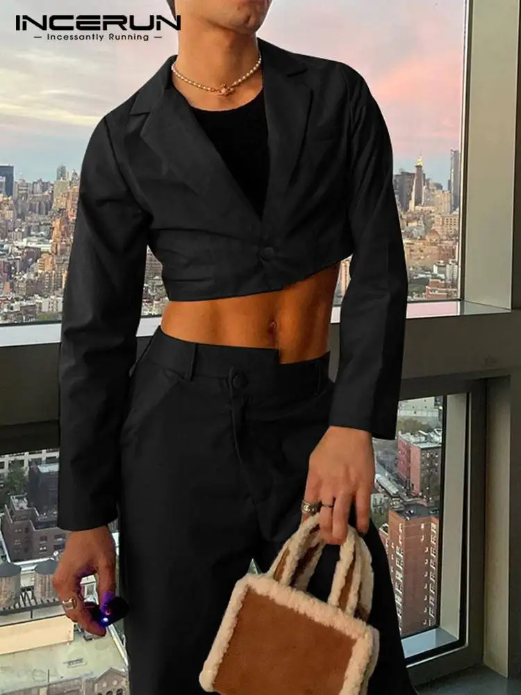 

INCERUN Fashion Men Sets Solid Color 2022 Streetwear Long Sleeve One Button Crop Blazer & Pants 2PCS Men Casual Suits S-5XL