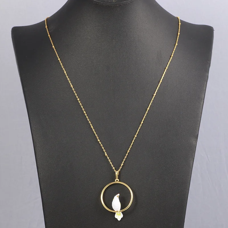 

2022 Fashion Hand-Painted Enamel Color Glaze Cute White Bird Golden Ring Women Necklace