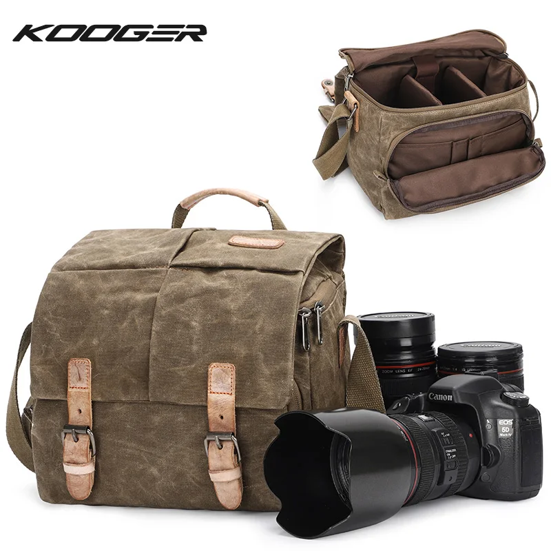 

KOOGER Protable One Shoulder Crossbody Bags Vintage Canvas Leather SLR DSLR Camera Messenger Bag for for Nikon Canon Sony