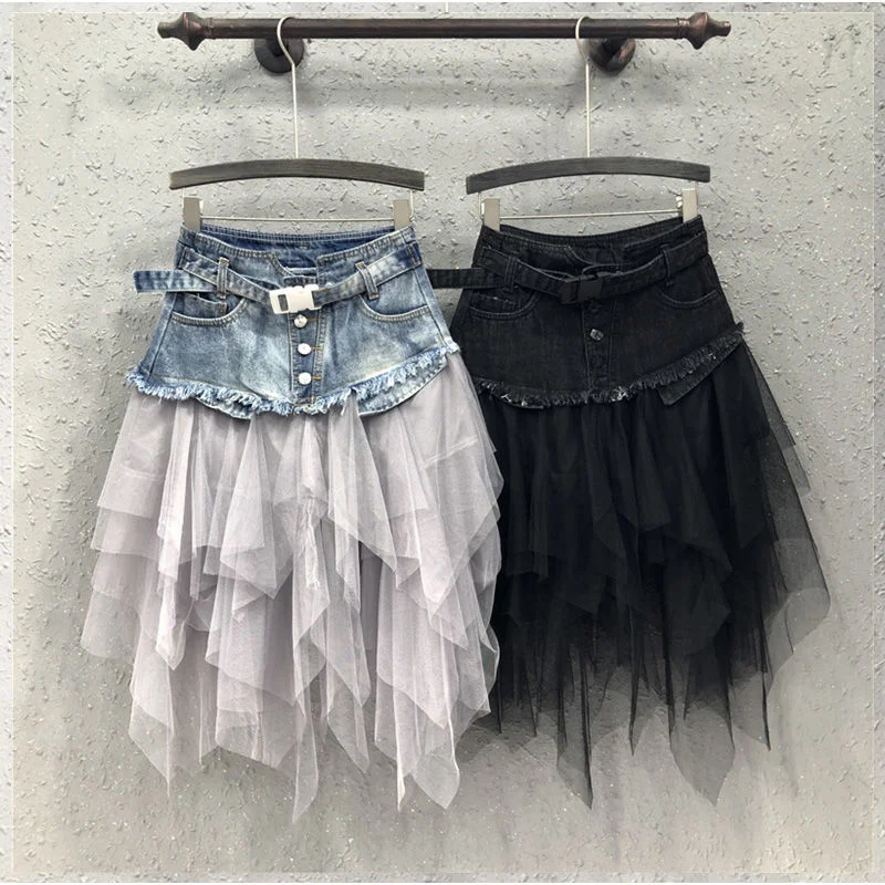 

Women's Mesh Denim Skirt Fashion American Summer Irregular Stitching Slim Simple Casual Chic Elegant Female A-line Skirt Y2K