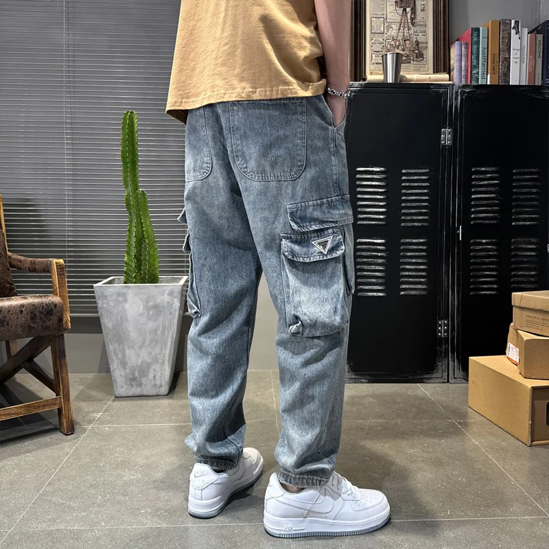 Fashion Designer Men Jeans Loose Fit Retro Blue Multi Pockets Casual Wear Denim Harem Pants Hombre Street Hip Hop Wide Leg Jeans