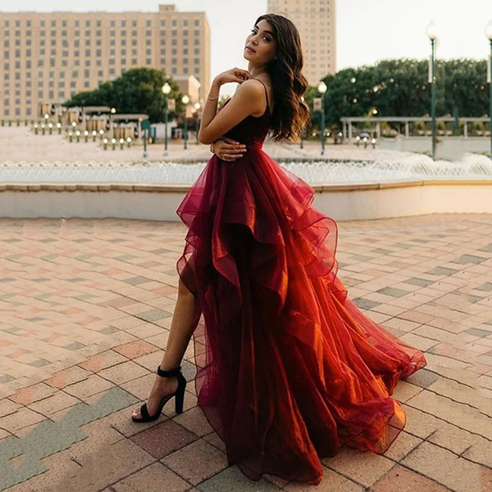 

High Low Long Prom Dresses Fluffy Tulle Spaghetti Straps Women Formal Party Dress Popular Evening Gowns