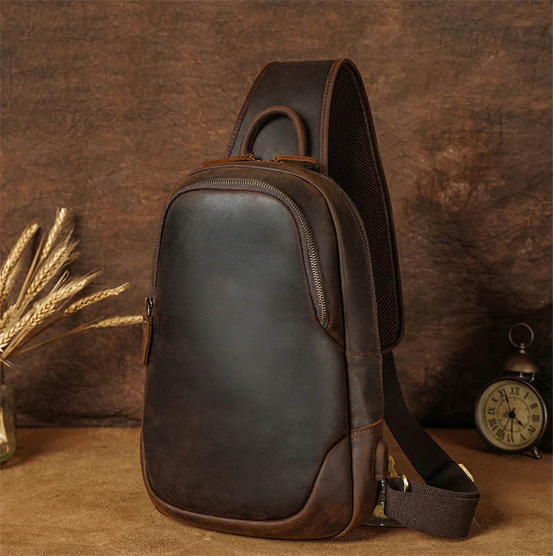 

For Causal Bag Leather Packs Real Backpack Genuine Men Newsbirds Outdoor Shoulder Single Chest Chest Male Chest Bag Cowskin