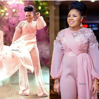african nigeria pink plus size evening dress with florals high neck jumpsuit prom dresses puff sleeve engagement reception dress