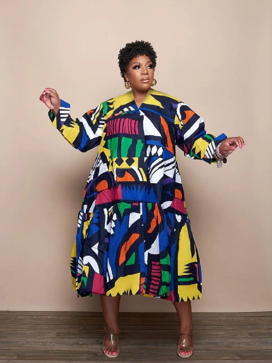 Plus Size Wome Dresses Fashion Long Sleeve Print Loose Casual Large Size Female Dress Personality Commute Ladies Elegant Dresses