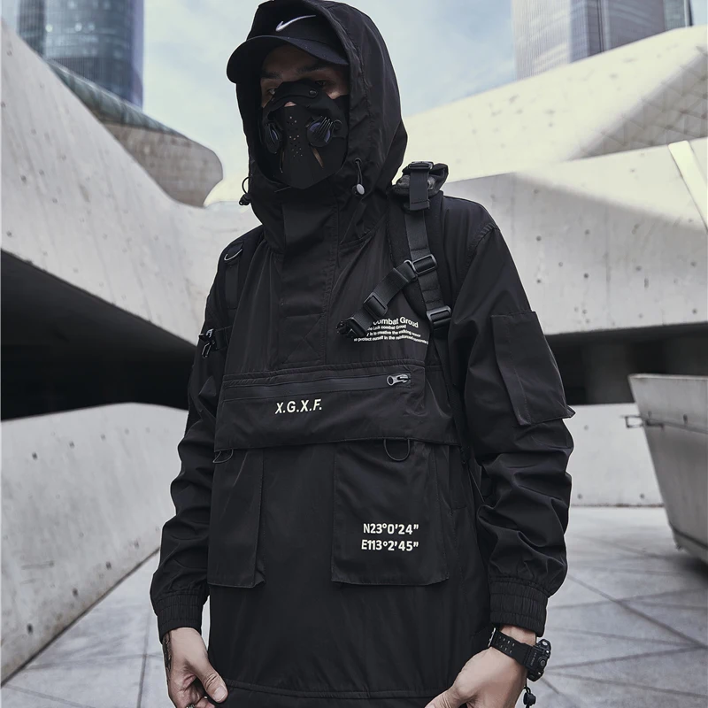 

Techwear Jacket for Men Spring Streetwear Black Hooded Waterproof Windbreaker