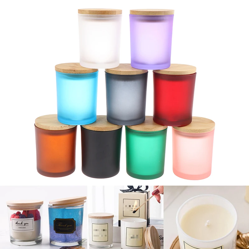 

1 Piece Frosted Glass Jar Candle Cup Empty Container Aromatherapy Candle Holder With Wood Lid