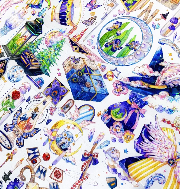 

1 Loop Magician Mushroom Bottles Owl PET Tape Rainbow Shiny Collage Journal Decoration