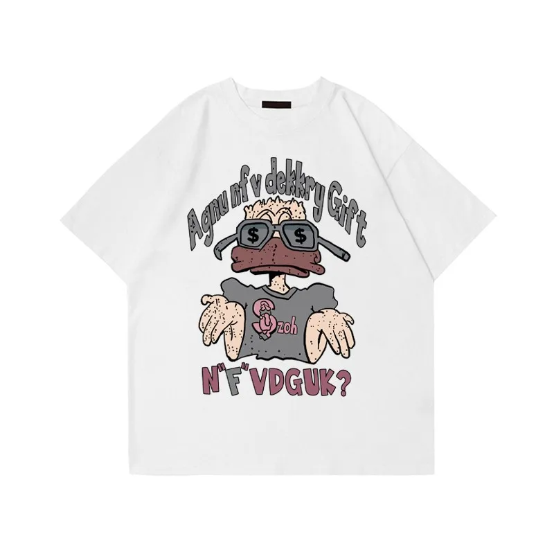 

American Funny Cartoon Anime Print Pure Cotton Short Sleeve T-shirt Men's Summer Ins Street Hip Hop Loose Crewneck Top Oversized