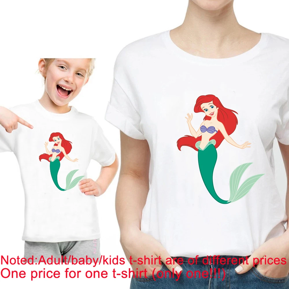 

Girl T-shirt Cartoon The Little Mermaid Ariel Flounder Sebastian T Shirt Women Summer Casual Harajuku Mom and Daughter Tshirt