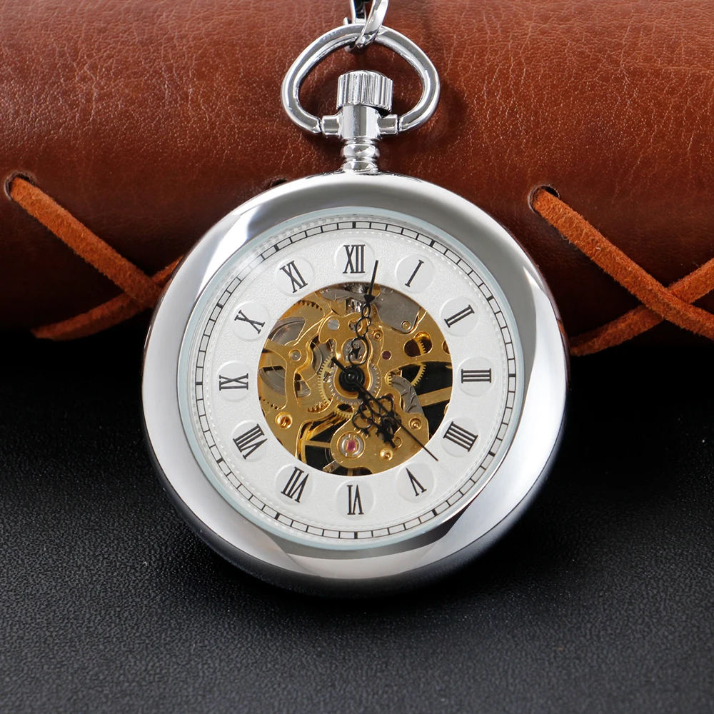 Steampunk Mechanical Manual Pocket Watch Silver Roman Digital Skull Dial Pendant Automatic Antique Clock Men's and Women's Gift
