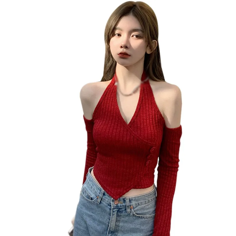 

Укороченный Топ женский, однотонный, с открытыми плечами, сексуальный, с длинным рукавом