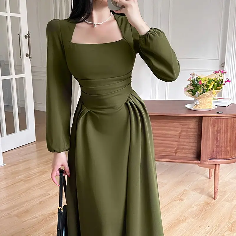 

Женское приталенное платье с длинным рукавом, зеленое платье с квадратным вырезом и плиссированной талией в стиле ретро, лето 2023