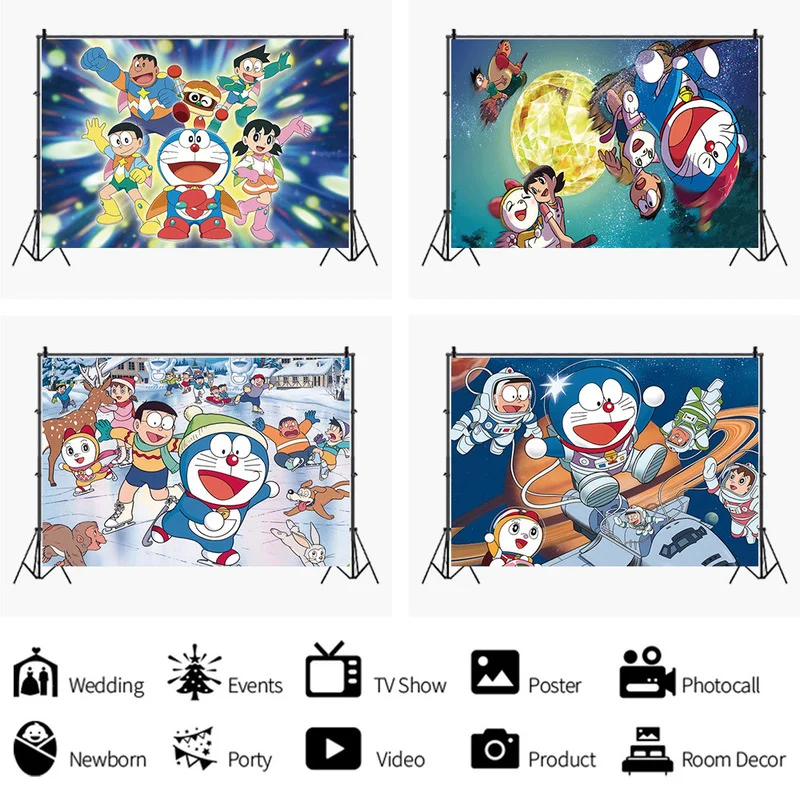 

Cartoon Doraemon Theme Party Backdrops Baby Shower Kids Birthday Party Decor Wall Sticker Poster Photography Background Props