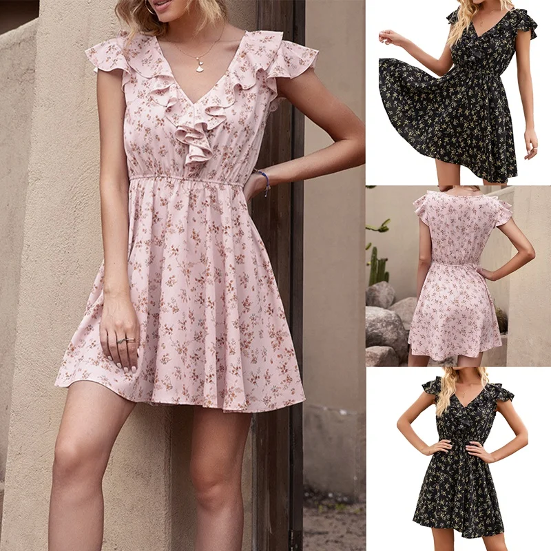 

Женское платье с цветочным принтом, V-образным вырезом и коротким рукавом