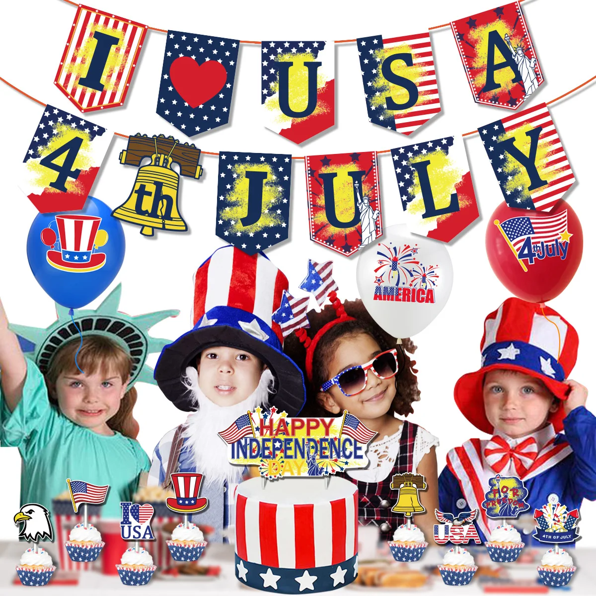 

Independence Day Balloon with Cake Topper Banner Fourth of July Party Supplies American Flag USA Flag Decoration 4th of July