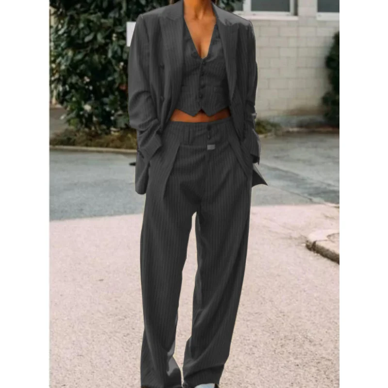 Striped Women's Suit Dress Lapel Single-breasted Button Gray Sexy V-neck Vest Pants Jacket Business Work Coat Three-piece Custom