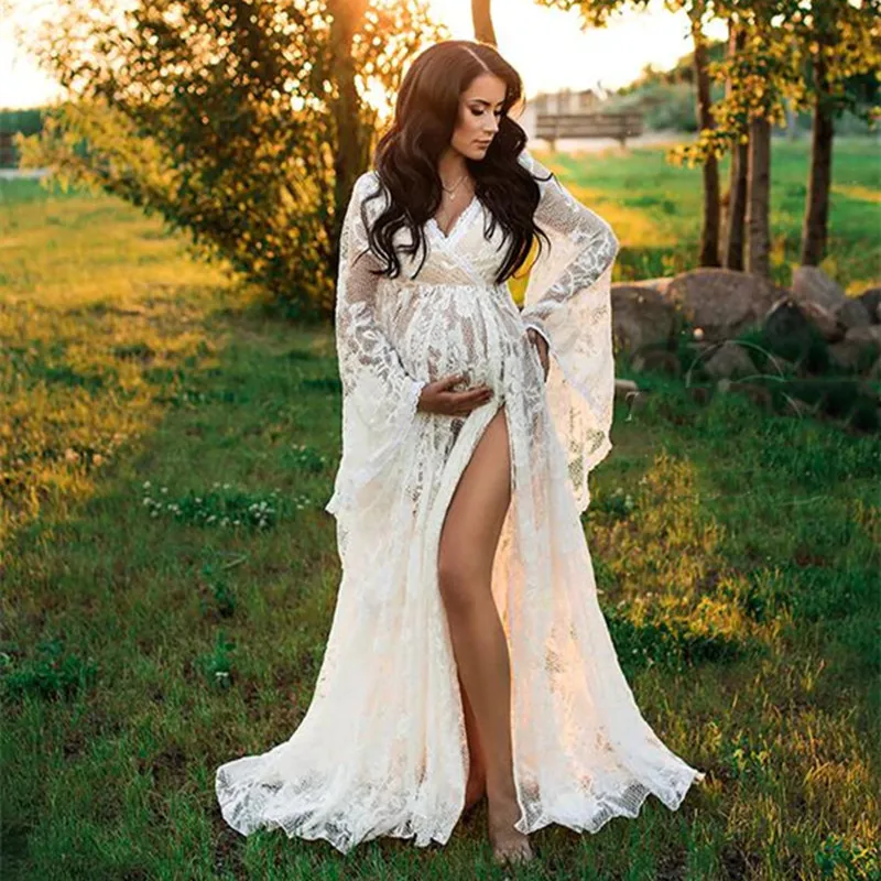 

Pregnancy Flared Sleeves Lace Embroider Maternity Dress Photography Props Clothes Photo shoot Maxi Gown Pregnant Women Dresses