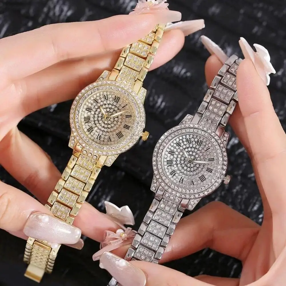 

Fashion Watch Round Dial with Rhinestones Diamante Arabic-Numbers Decoration Jewelry Shiny Elegant Female Quartz Watch