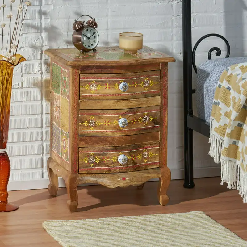 

Wood Handcrafted 3-Drawer Nightstand, Natural and Multi-Colored