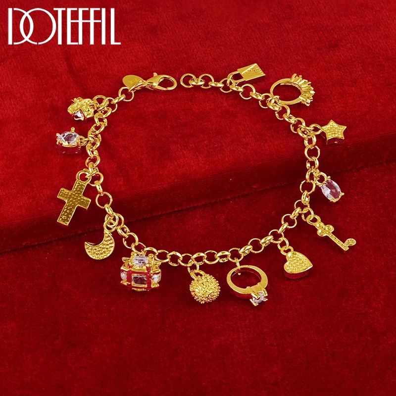 DOTEFFIL 18K золото луна сердце замок крест браслет для мужчин женщин очаровательные