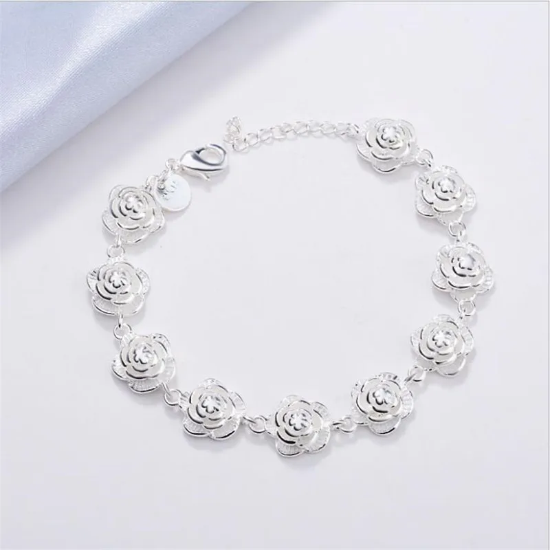 

Женский браслет-цепочка с цветком розы, из серебра 925 пробы