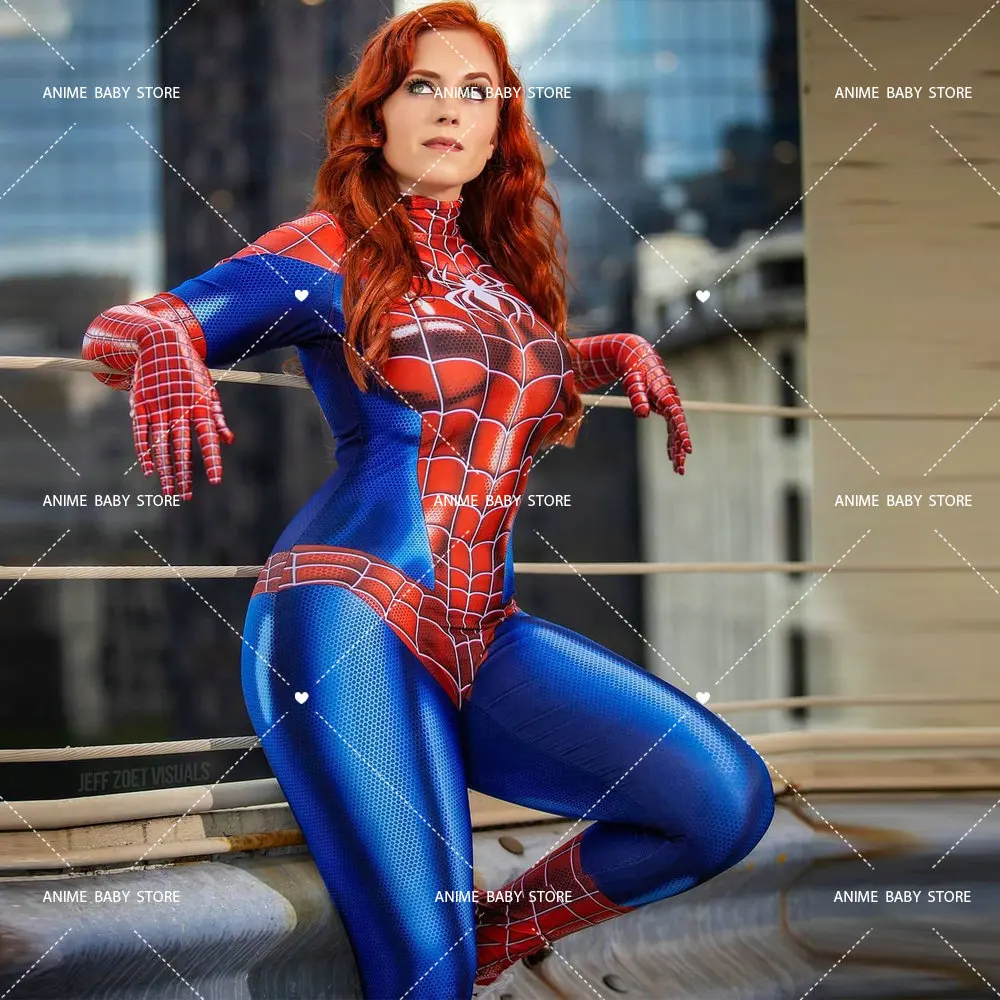 

MJ Spider Girl Cosplay Costumes Sexy Geek Girls Anime Clothes Superhero Zentai Bodysuit for Women Can Customized Open Crotch