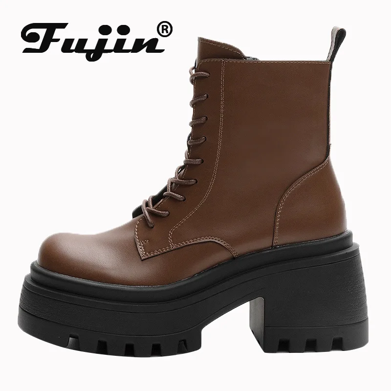 

Fujin 8.5cm Ethnic Comfy Cowgirl Moccasins Platform Wedge Autumn Winter Leather Women Plush Genuine Ankle Spring Boots Shoes