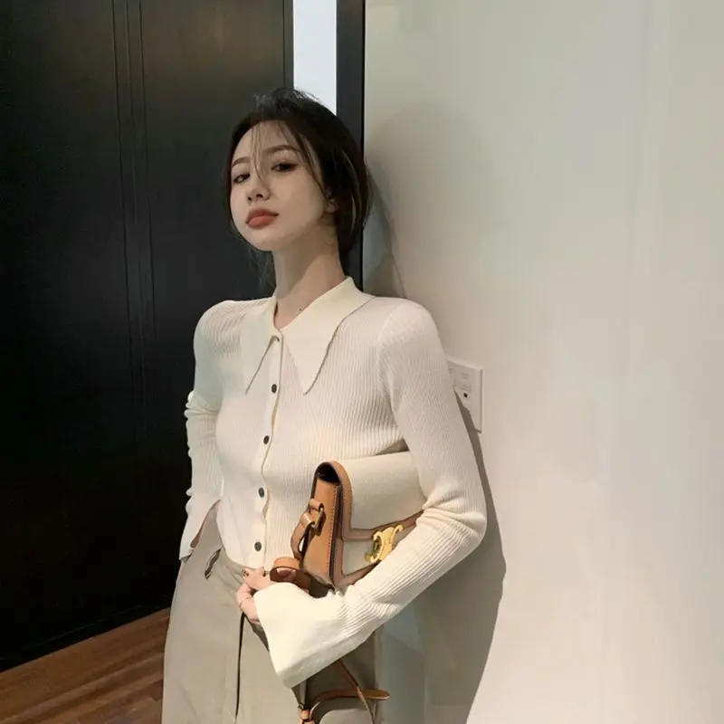 

2023 Early Spring New Small Fragrant French White Pointed Collar Long Sleeve Thin Bottom Sweater Knitted Cardigan Blouse Woman
