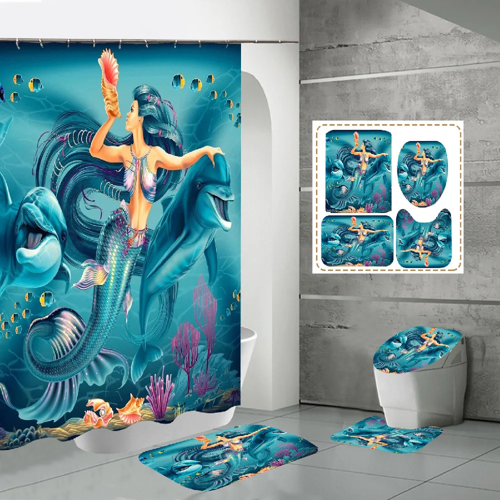

Starblue-Hgs, душевая занавеска с дельфином и русалочкой, декоративный коврик для ванной комнаты, 180 см, водонепроницаемая занавеска для душа, ков...