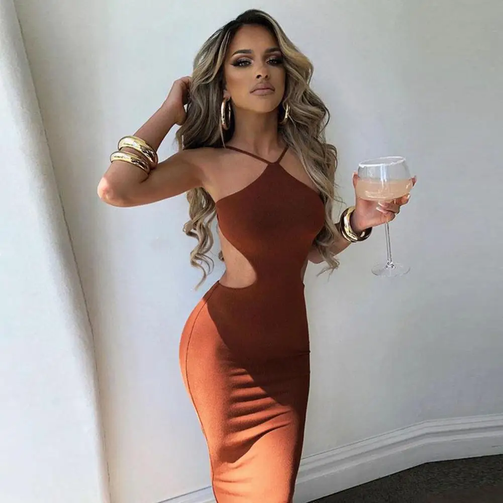 

Off Shoulder Sleeveless Back Lace-Up Lady Dress Halter Backless Bodycon Maxi Dress Club Wear