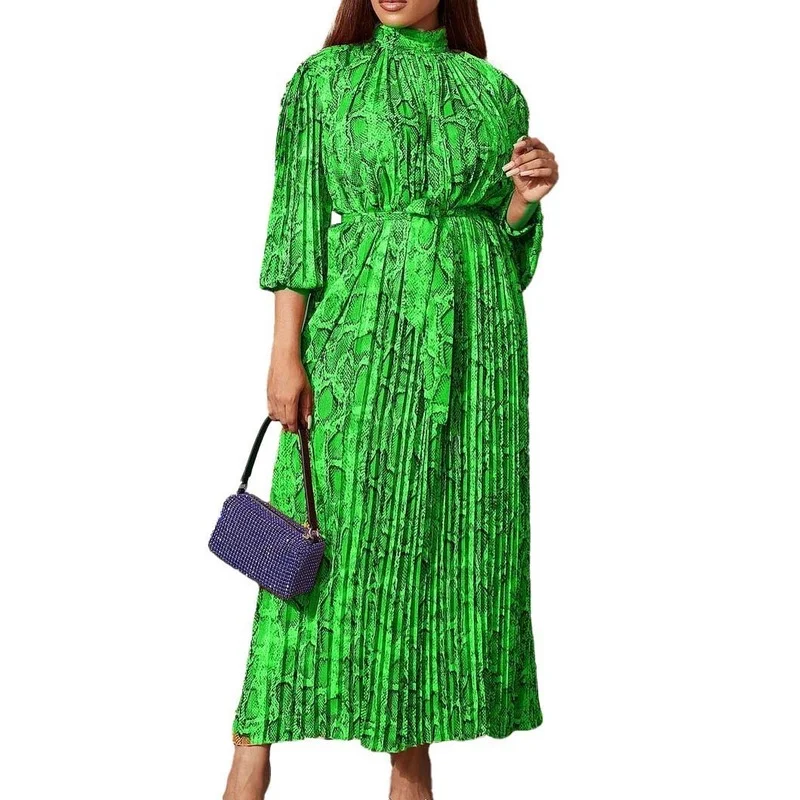

Printed Pleated Waist-tie African Maxi Dress Loose Turtleneck Long Sleeves Business Casual Office Lady Summer 2022 New