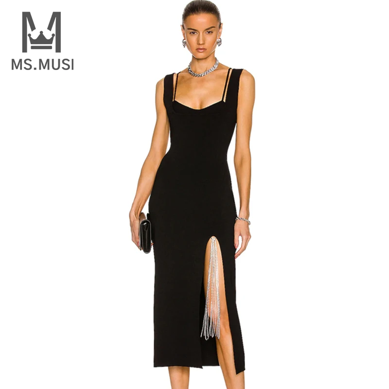 

Новинка 2022, модное женское сексуальное платье-миди с квадратным вырезом и кристаллами, кисточками, разрезом, без рукавов, с открытой спиной, вечерние нее Бандажное платье