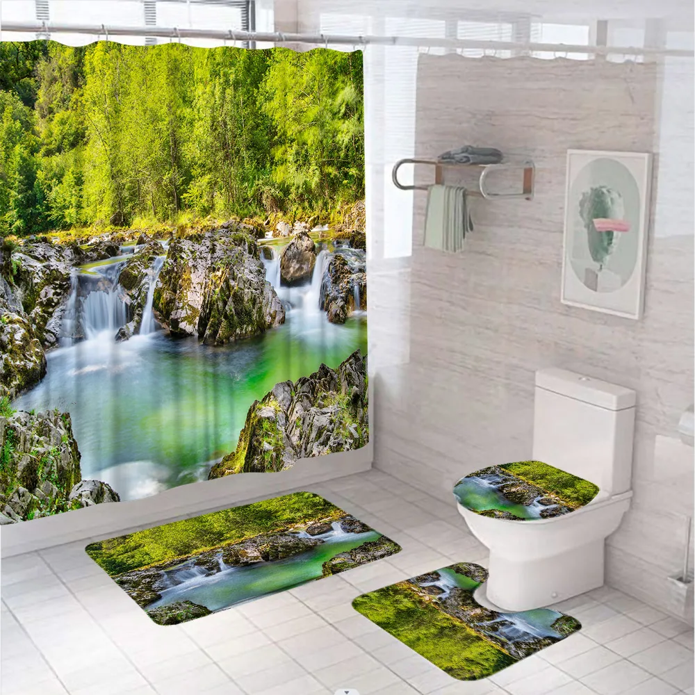 

Natural Scenery Waterfall Shower Curtain Set Spring Green Tree Plant Lake Landscape Bathroom Curtains Bath Mat Rug Toilet Covers