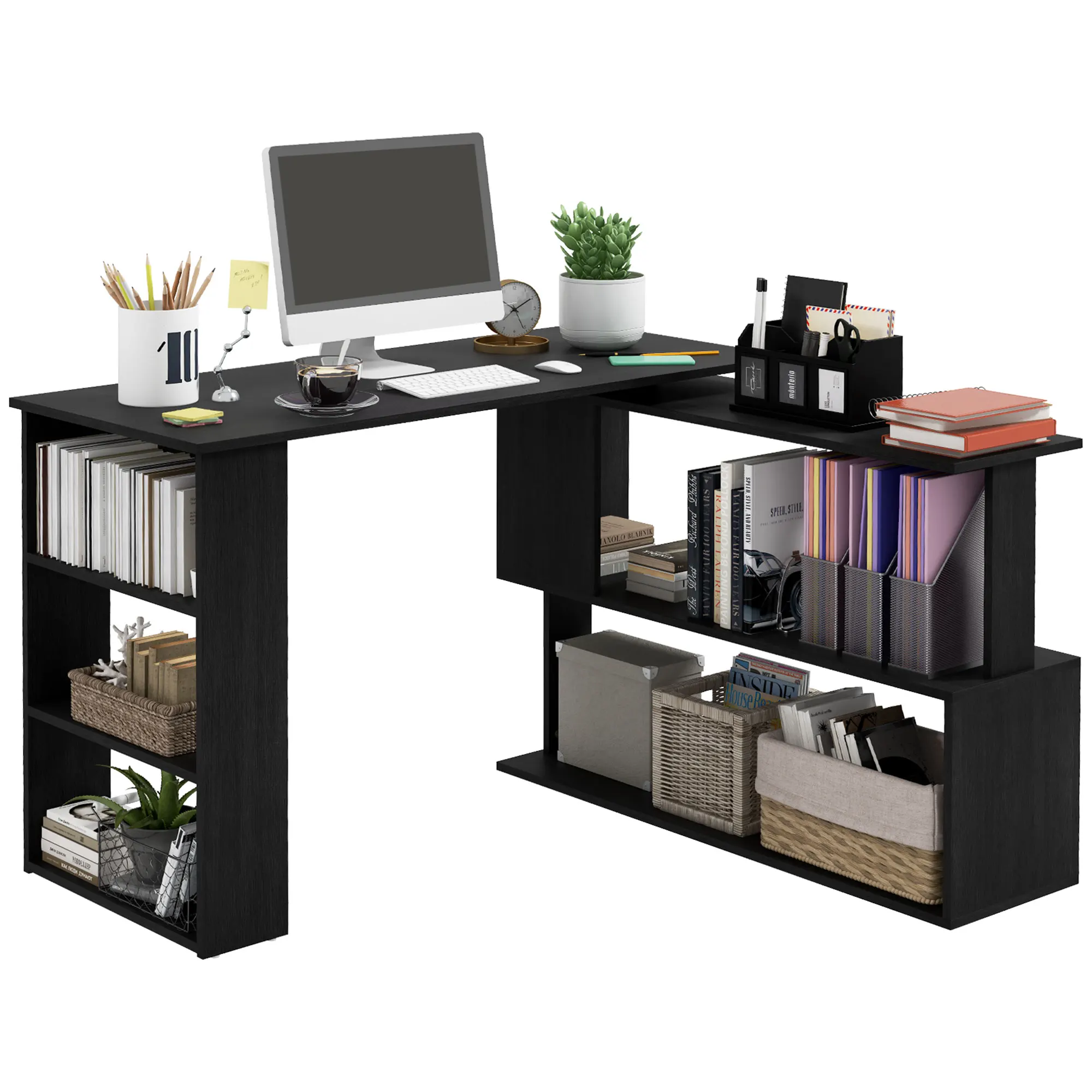 L-Shaped Desk with Shelf Desk Table with Shelves for Office Study 120X110X74.5 cm Black