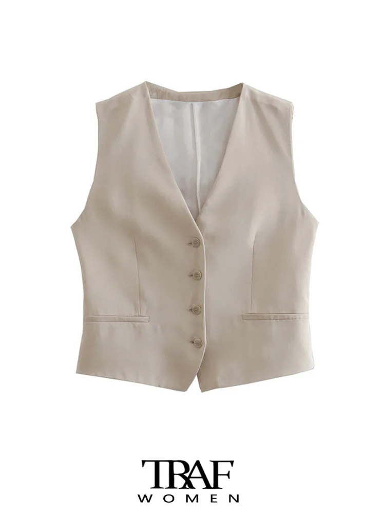 

TRAF Women Fashion Front Button Cropped Classic Waistcoat Vintage V Neck Sleeveless Female Outerwear Chic Vest Tops