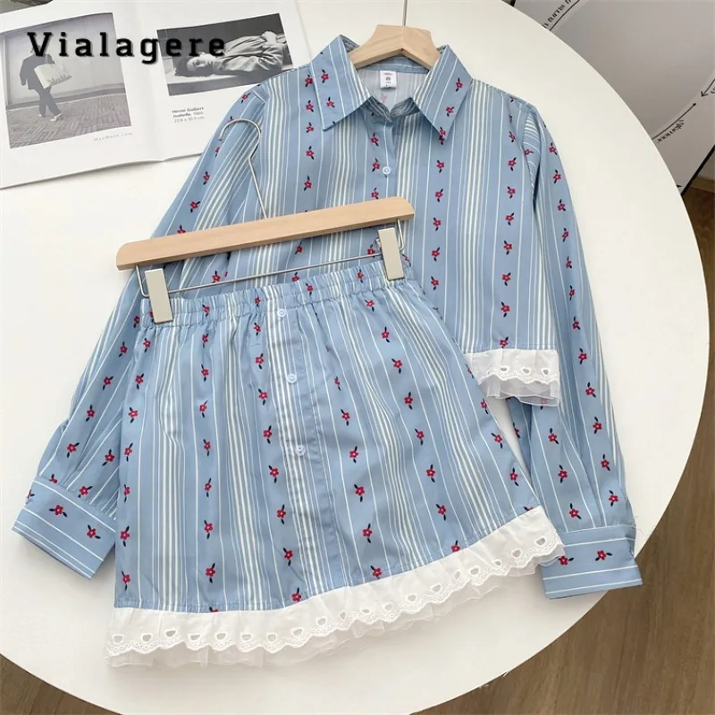 

Лето 2023, элегантная Милая рубашка в полоску с длинным рукавом и юбка-трапеция с кружевом, Привлекательный комплект из двух предметов с юбкой, наряды