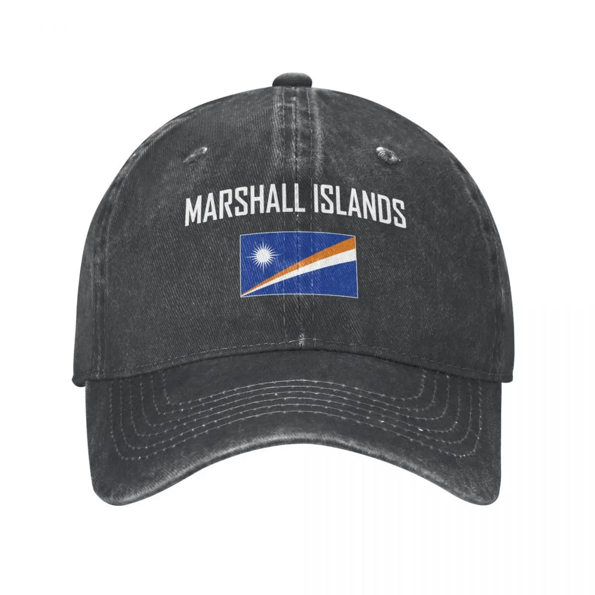 

Men Baseball Cap MARSHALL ISLANDS Flag And Font Charcoal Washed Denim Classic Vintage Cotton Dad Trucker Hat Unisex Adult
