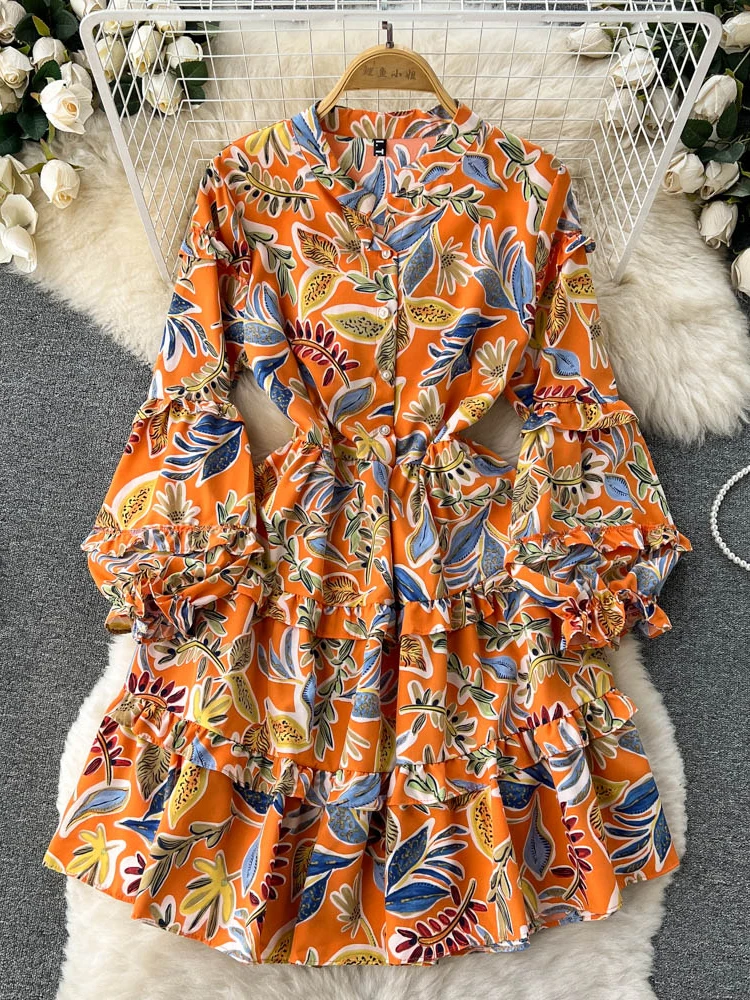 

Autumn Vintage Women Printed Dress Elegant V-Neck Single Breasted Lantern Long Sleeve High Waist A-Line Vestidos Female New 2022