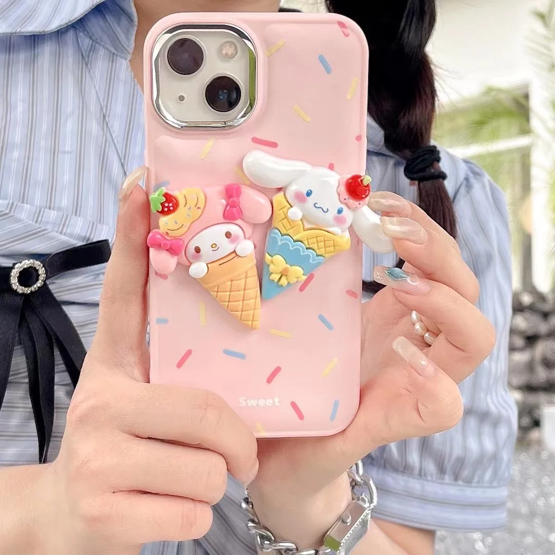 

3D Sanrio my melody Cinnamoroll ice cream cone cute pink cartoon Phone Cases For iPhone 14 13 12 11 Pro Max Back Cover