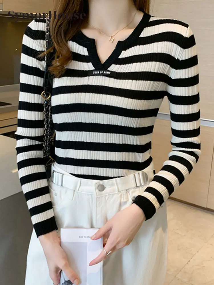 

2023 Autumn Winter Vintage V-Neck Striped Cashmere Sweater Women Korean Fashion Slim Stretch Thin Knitted Pullover Tops Female