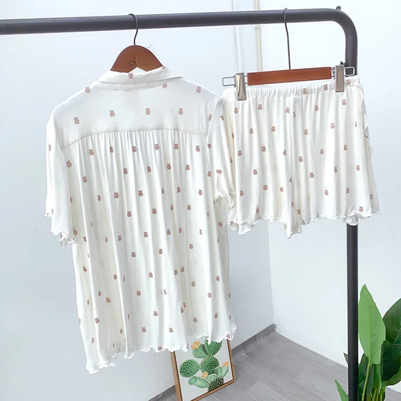 Pajamas for Women Thin Cool Feeling Silk Cotton Short-sleeve Shorts Sleepwear Suit Fairy Style Cardigan Loungewear with Lapel