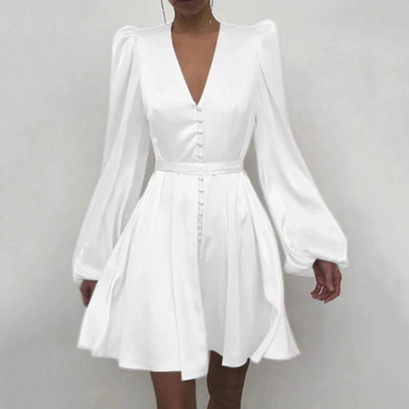 

Femme Dress Satin D V-Neck Temperament Slim Dress Female European And American New Design Lantern Sleeve Skirt 2022 Spring