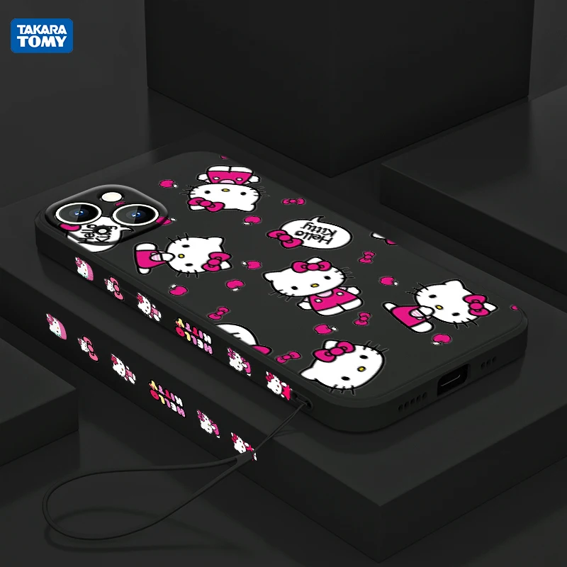 

Anime Hello Kitty For Apple iPhone 13 12 Mini 11 Pro XS MAX XR X 8 7 6S SE Plus Liquid Left Rope Silicone Phone Case Coque Capa