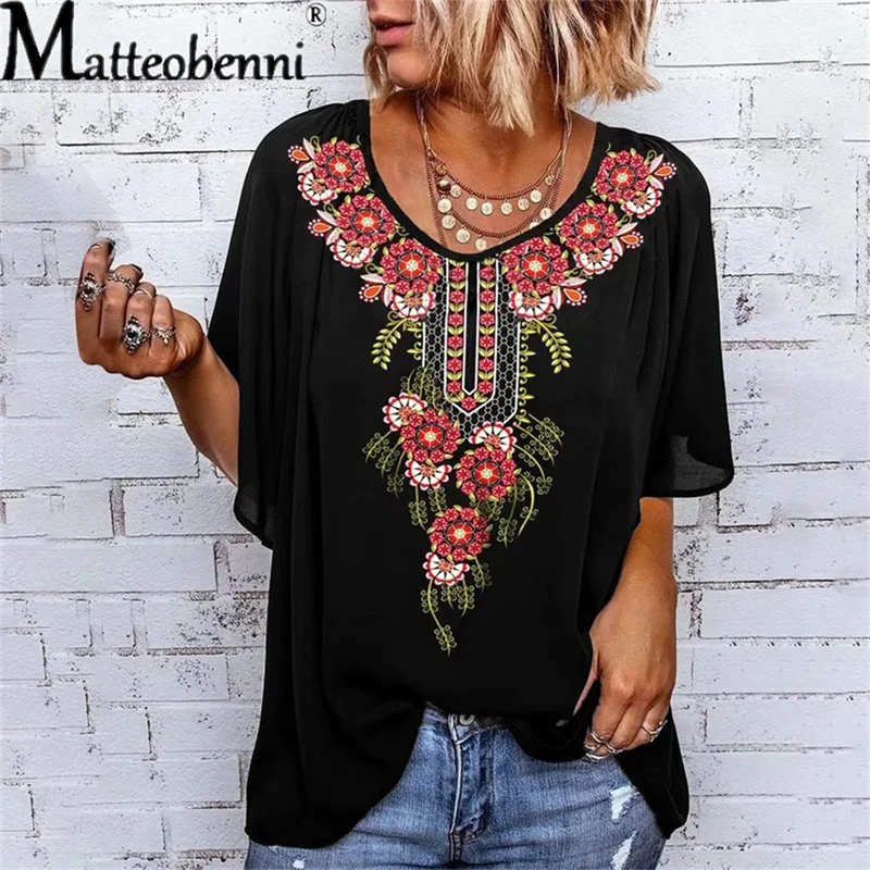 Купи 2022 Vintage O Neck Patchwork Blouse Tops Summer Women Ruffle Short Sleeve Loose Casual Ethnic Style Print T-Shirt за 565 рублей в магазине AliExpress