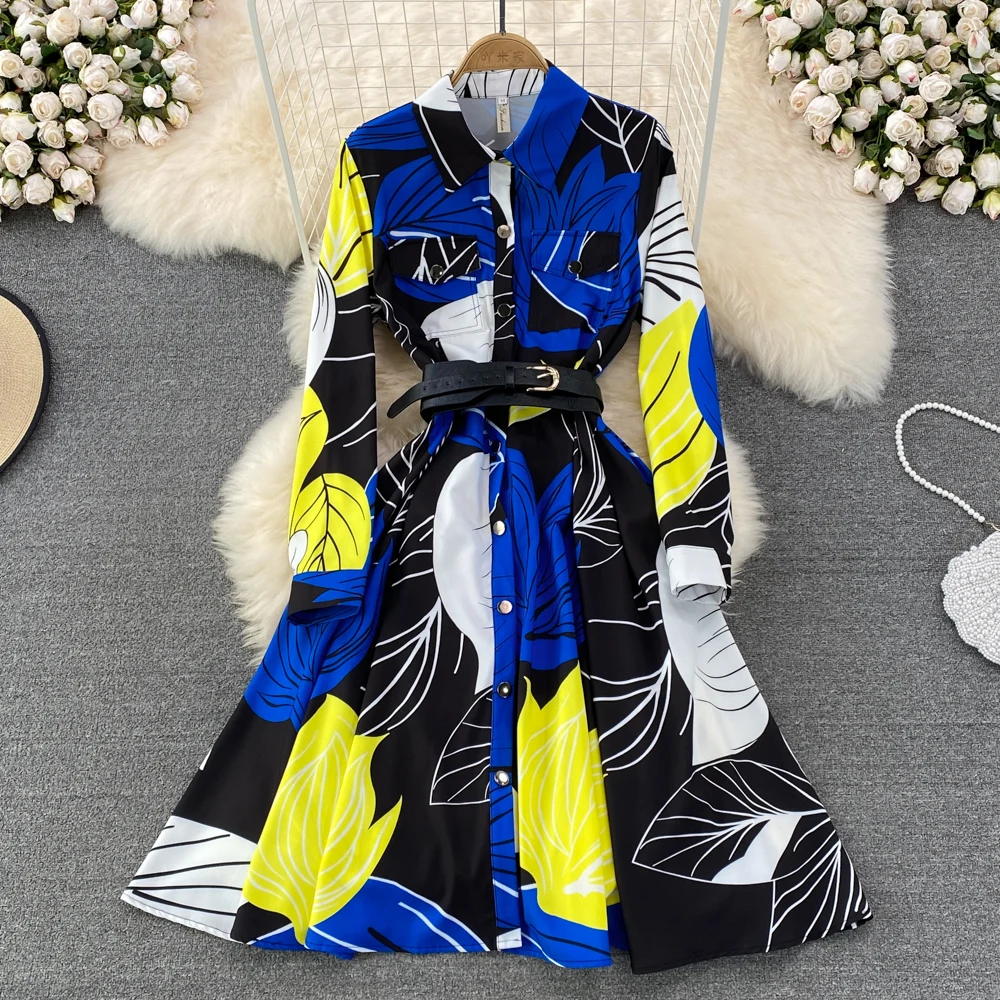 

VANOVICH 2022 Summer New Korean Style Temperament Polo Neck Printed Single-breasted A-line Dress Elegant Large Swing Long Dress