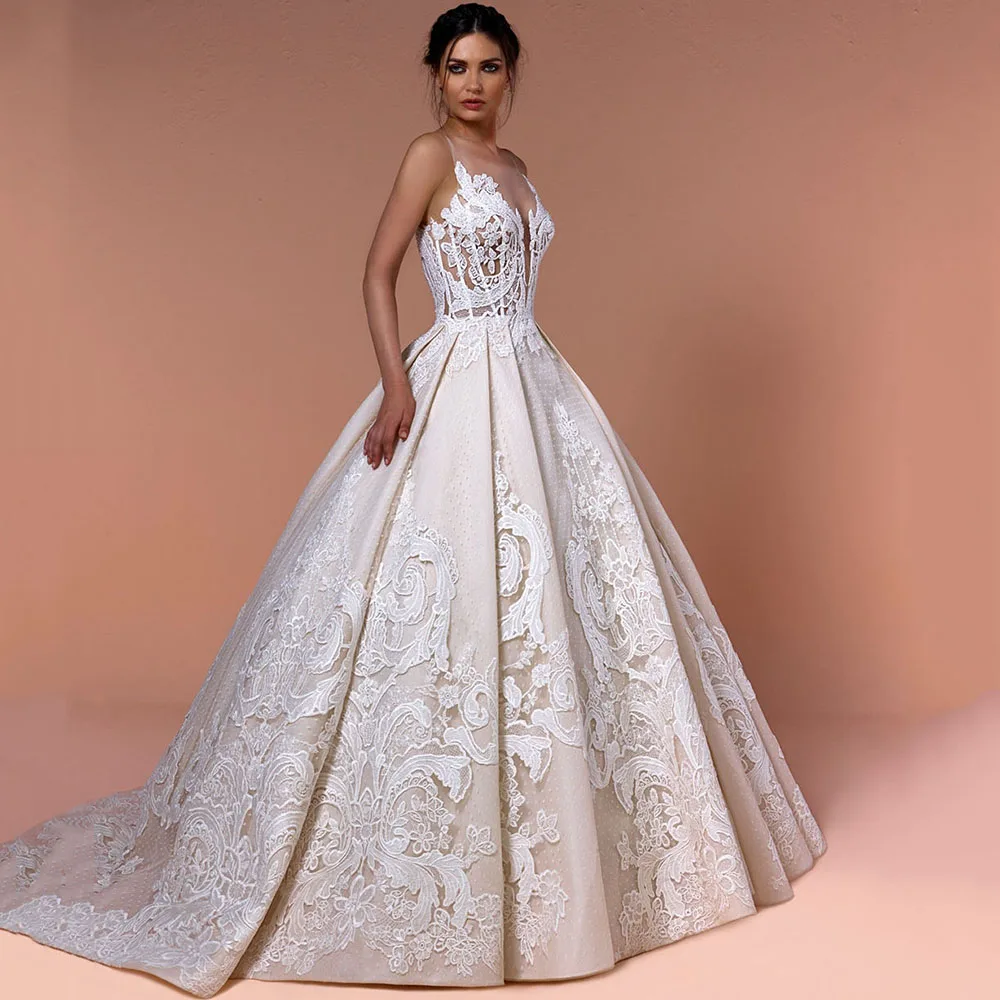 Купи Gorgeous Ball Gown Wedding Dresses For Women Dot Net O Neck Sleeveless Vintage Lace Appliques Bridal Gowns Court Train за 9,945 рублей в магазине AliExpress