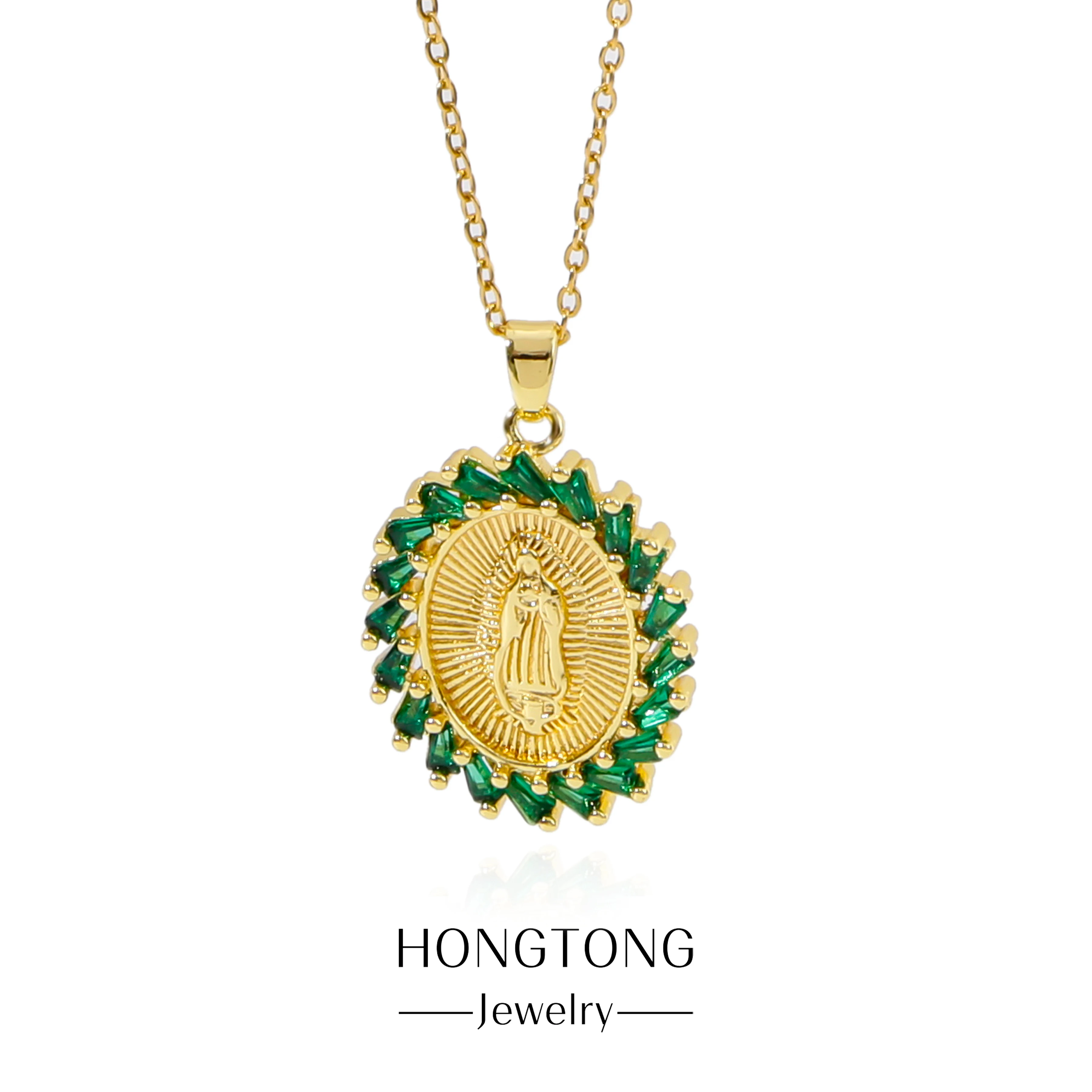 

HONGTONG Religious Belief Virgin Mary Amulet Pendant Whirlpool Green Rhinestone Inlaid Stainless Steel Necklace Birthday Gift