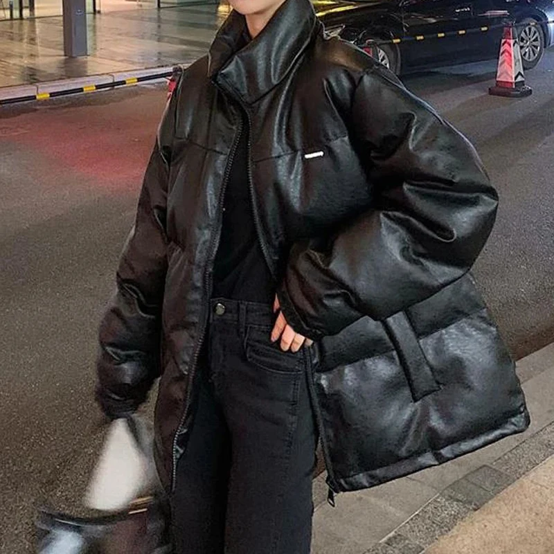 Faux Leather Jacket Women's Down Parka Coat Black Bright Color Thick Warmth Korean Winter and Autumn Pu Coat Women's Jacket